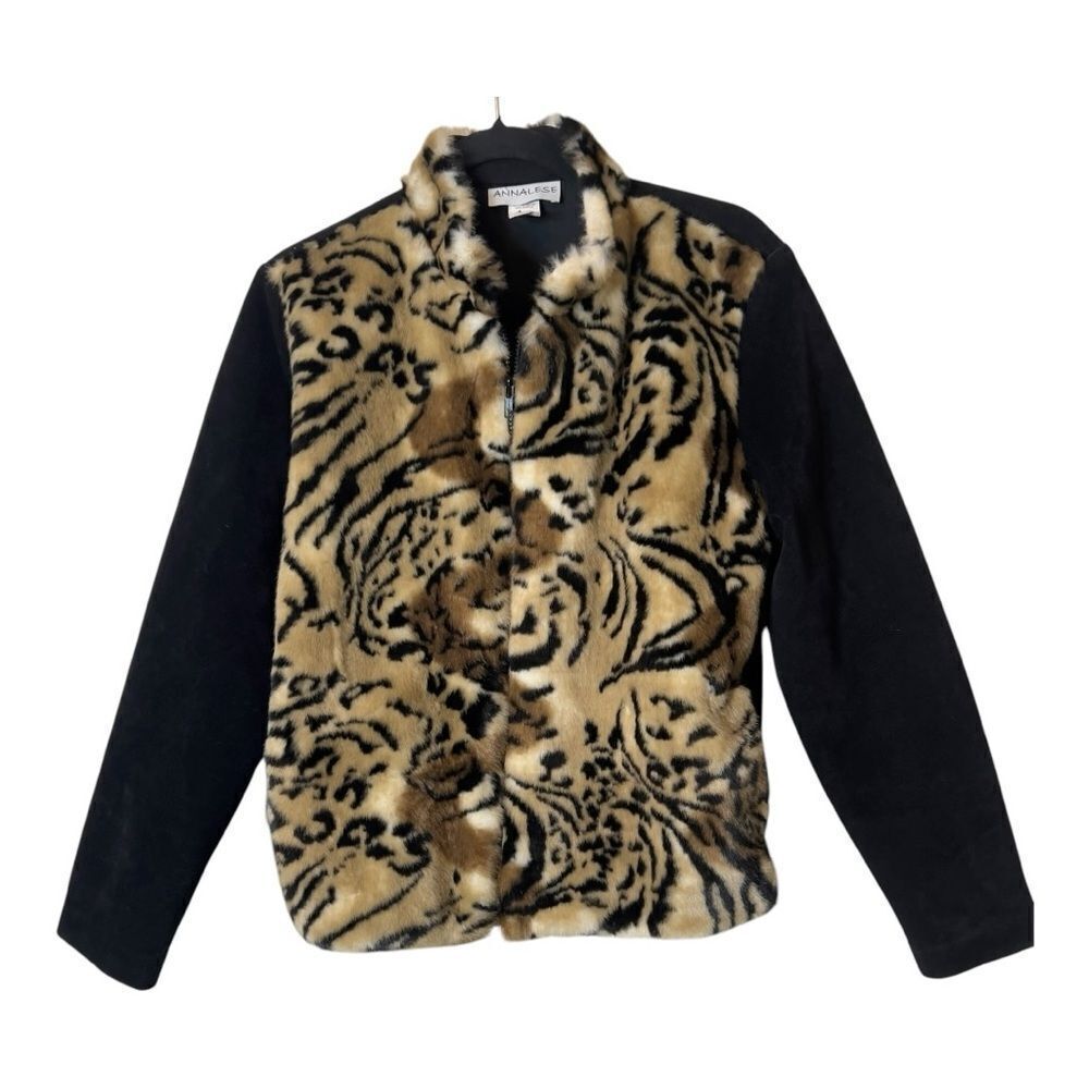 Annalese Womens Vintage Leopard Faux Fur Lightweight Full Zip Jacket Size Medium
